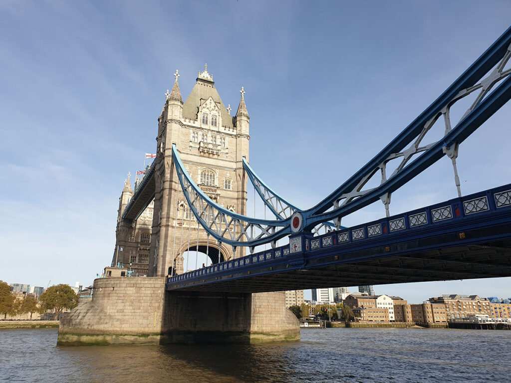 Looking out over Tower Bridge, which spans the River Thames and is one of London's most famous landmarks.