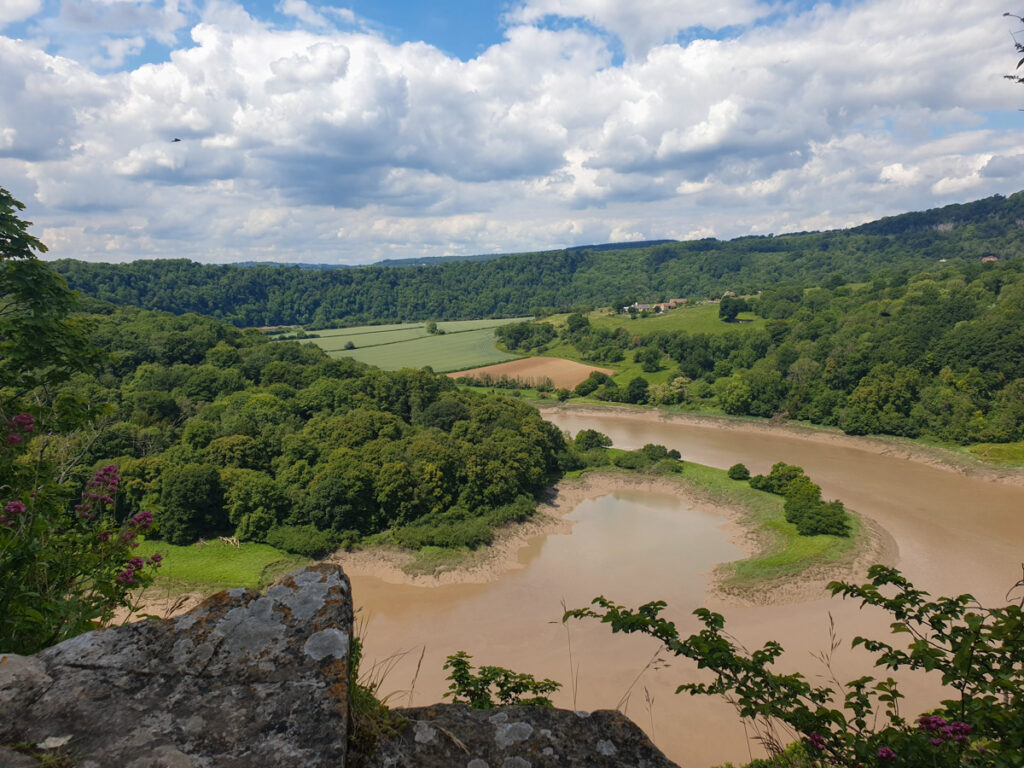 View of the Wye Valley from high up on a vantage point, with trees on either side. 