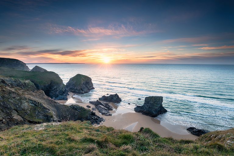 Sunset at Bedruthan Steps, near Newquay in Cornwall