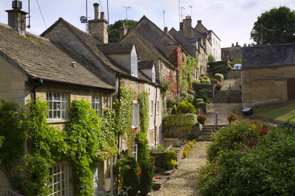 Beautiful row of historic houses in the Cotswolds