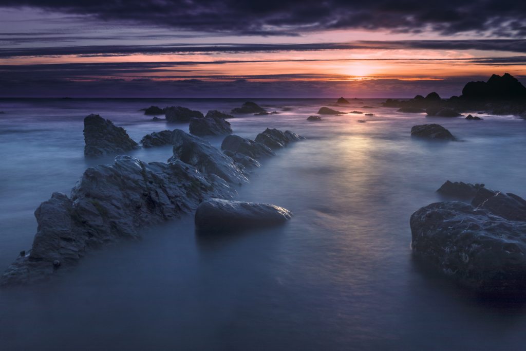 Bude, Cornwall, United Kingdom at sunset, beautiful seascape, sea against the rocks