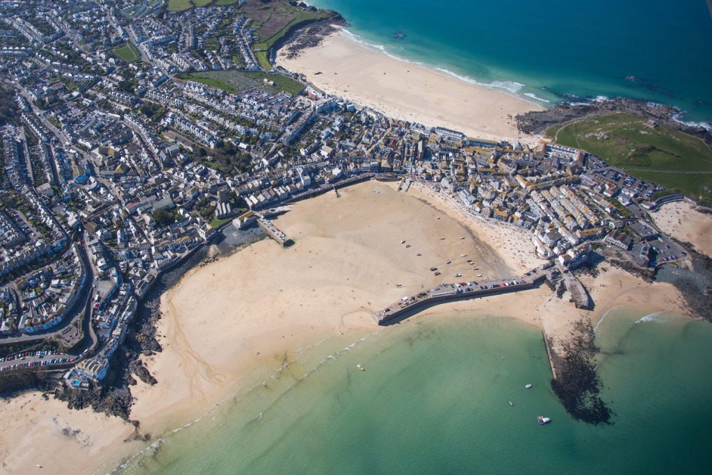 Birds eye view of beautiful St Ives beaches in Cornwall