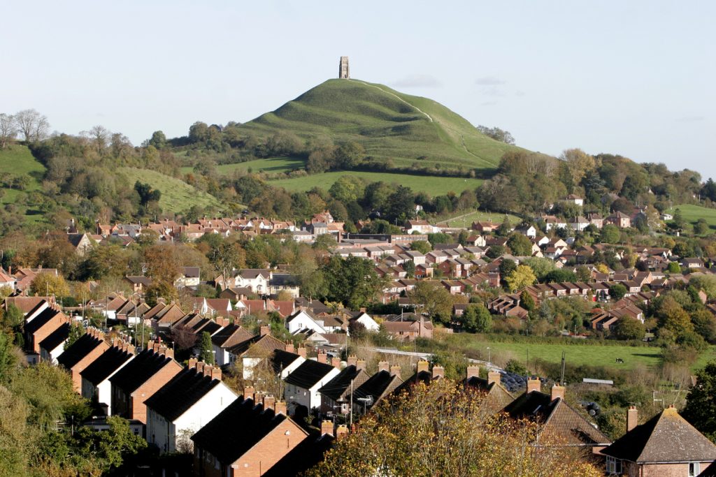 Glastonbury Tor and houses, Somerset, South West England