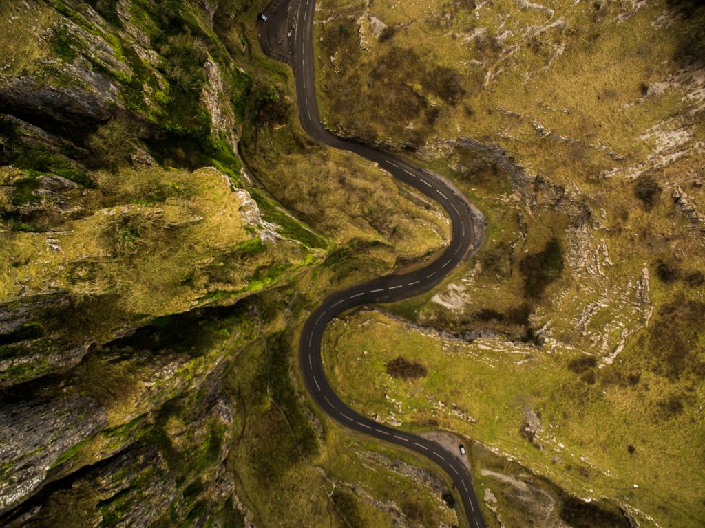 Birds eye view of the road leading through Cheddar Gorge, Somerset, South West England
