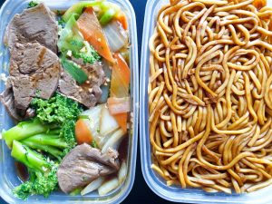 vegan mock beef and brocolli and noodles