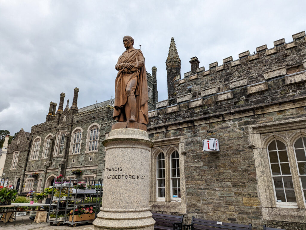Statue and town hall in the historic market town of Tavistock