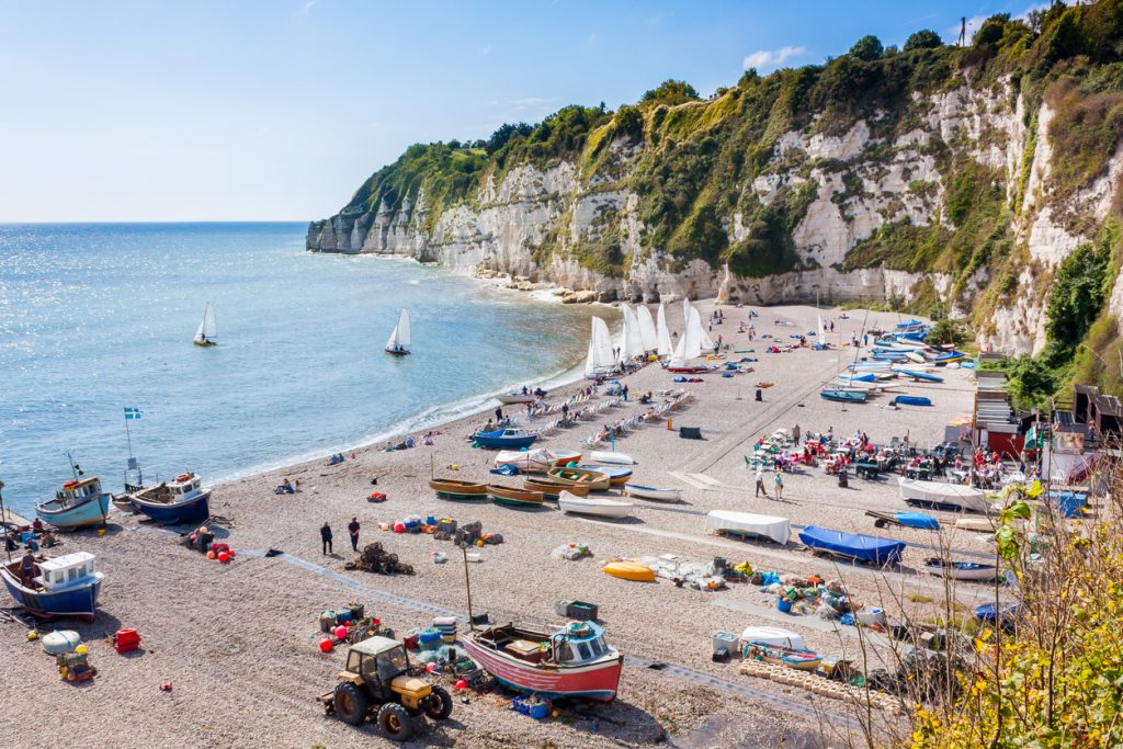 Overlooking the beach and cliffs at Beer in Lyme Bay Devon England UK Europe