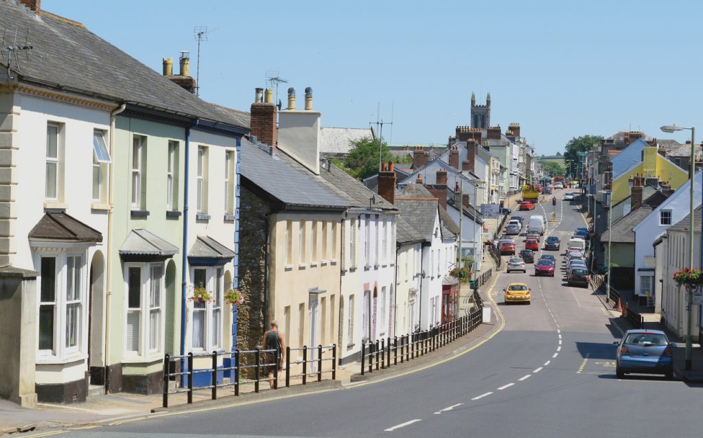 High Street in Honiton, Devon famous by antique shops