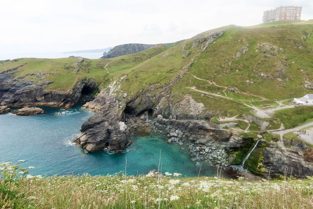 View of Tintagel coastline and Camelot hotel