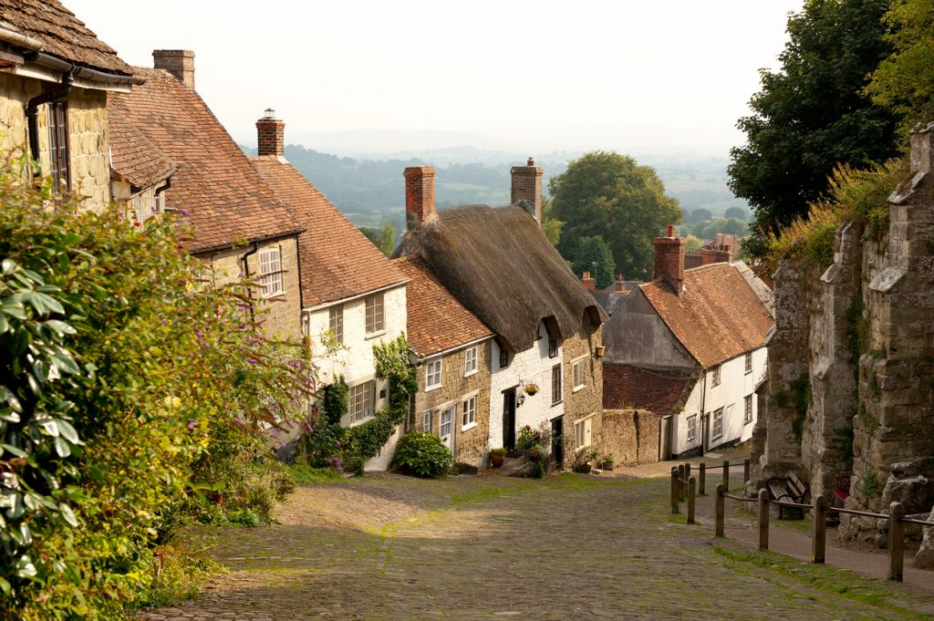 Picturesque view of Gold Hill in Shaftesbury, which is in the county of Dorset, England.
