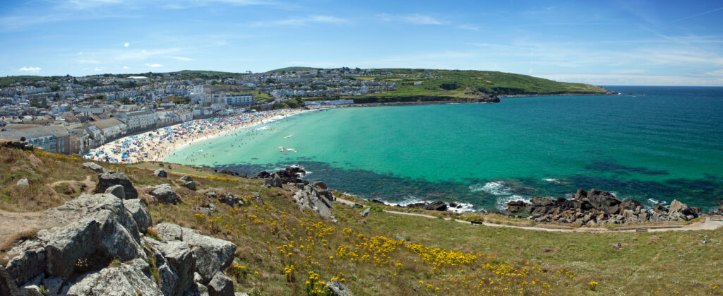 Panoramic view of Porthmeor beach in St Ives, Cornwall, England