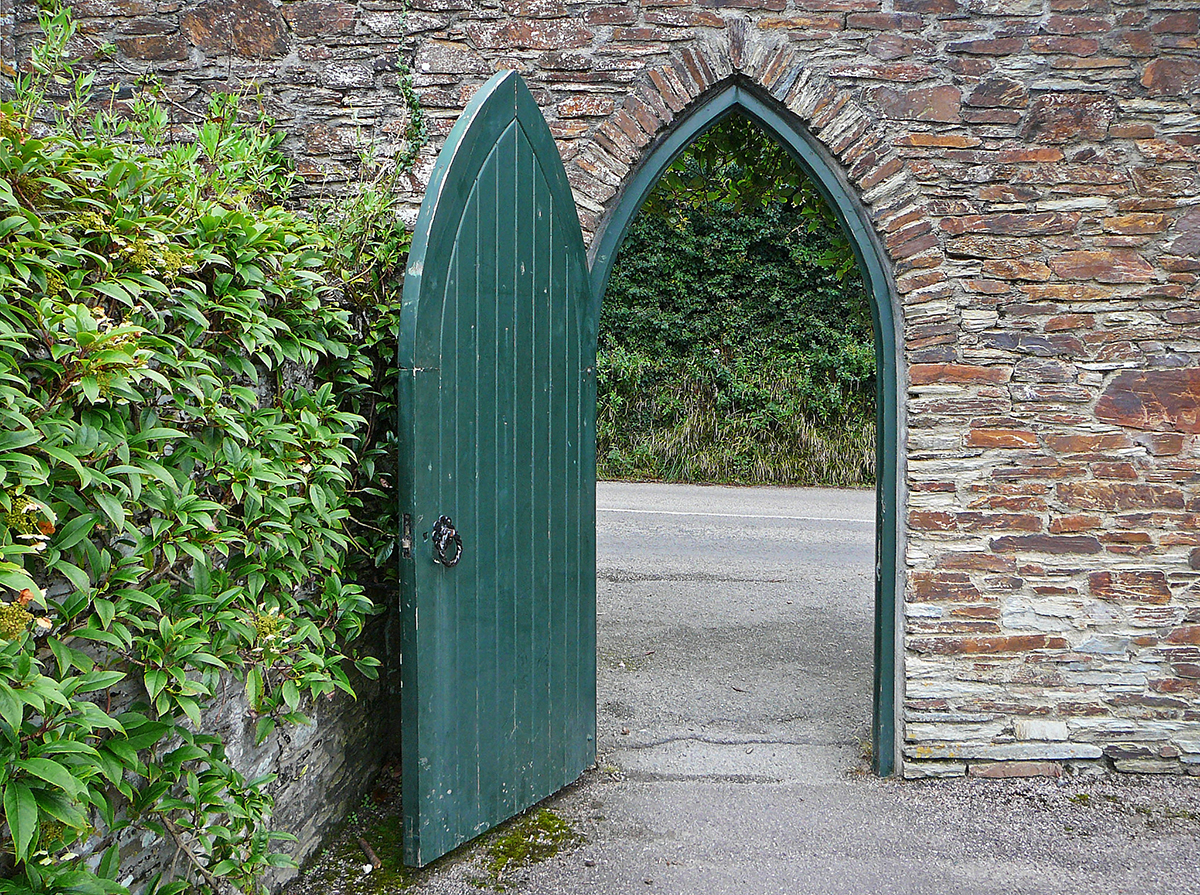Open green door leading into an open air courtyard. There is a leafy bush on the side and a red brick wall in the background