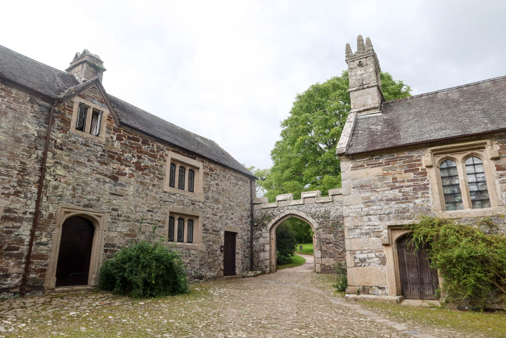 Brown stone buildings of Cotehele, a National Trust place in Cornwall near Calstock