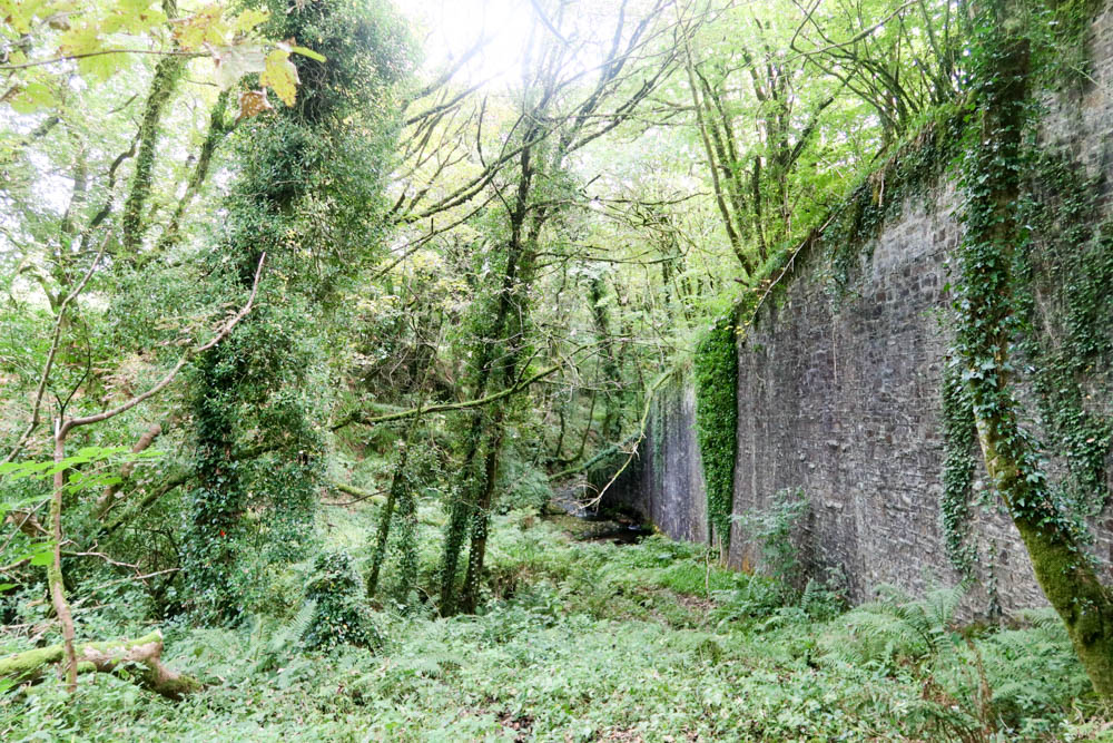 A large structure which was part of the old railway path at Lydford Gorge. It's surrounded by green trees and shrubbery.