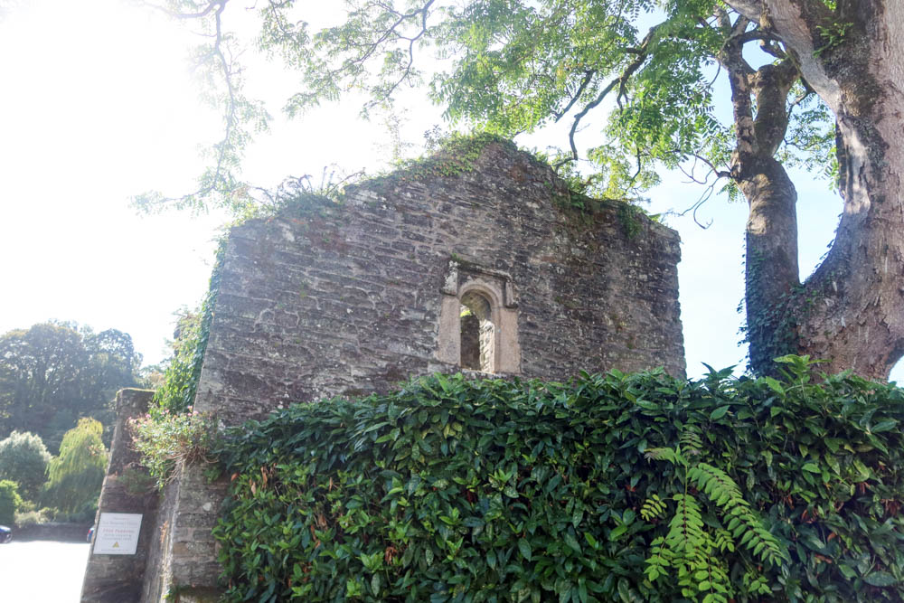 Ruins of the Benedictine Abbey, with a wall in the background and greenery in the foreground