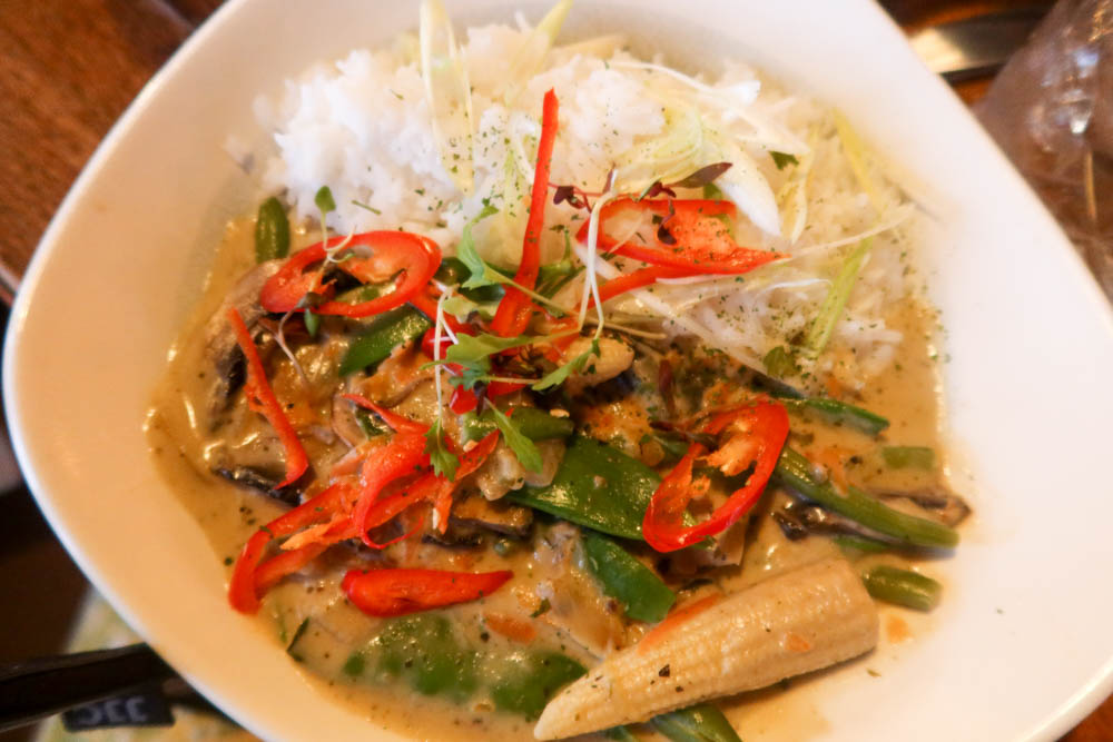 Vegetable Thai Green curry in The Terrace, Exeter, with white rice