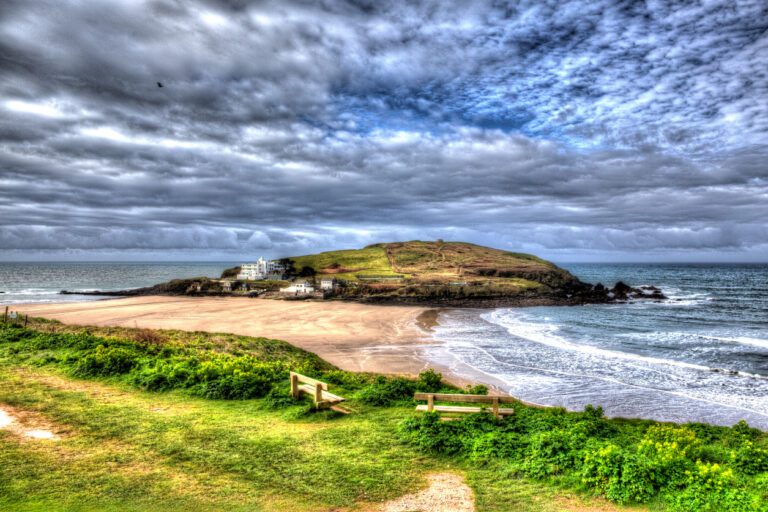 Burgh Island South Devon England UK near seaside village of Bigbury-on-Sea and Challaborough in colourful HDR bright artistic and vivid with cloudscape