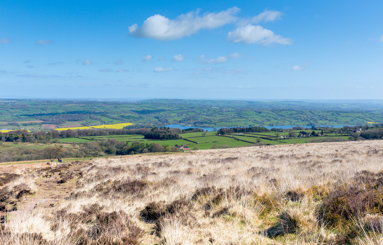 Mendip Hills Somerset view UK towards Blagdon lake and Chew Valley