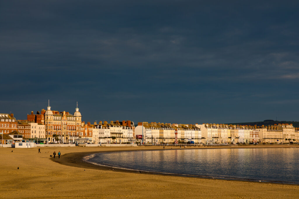 A view of Weymouth beach in the evening