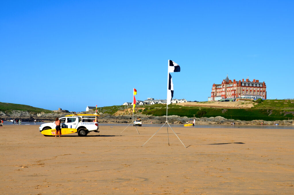 Newquay, UK - September 5th, 2012: Lifeguard and rescue van on Fistral Beach in Cornwall.