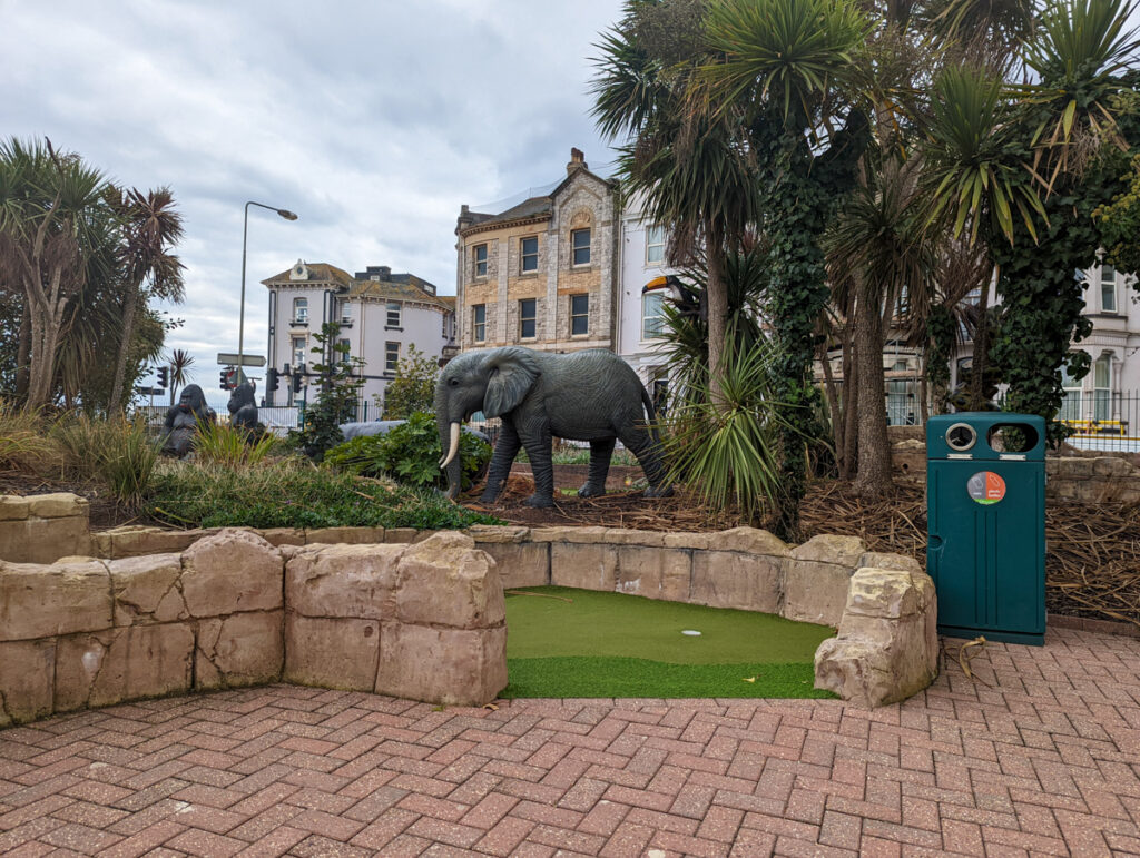 Safari themed golf course in Dawlish, with an elephant in the foreground