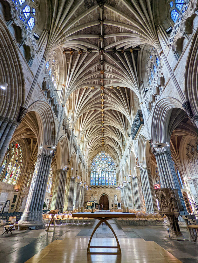 Epic Medieval ribbed gothic vaulting ceiling in Exeter Cathedral