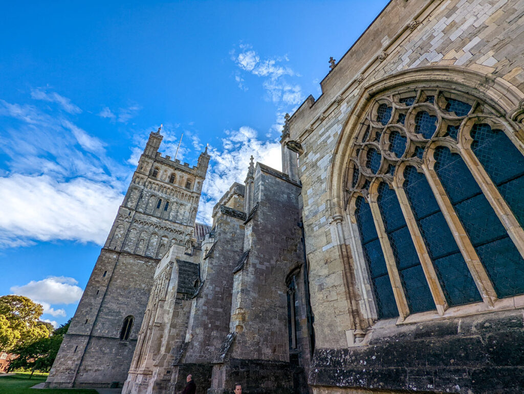 A view of one of Exeter Cathedral's norman towers