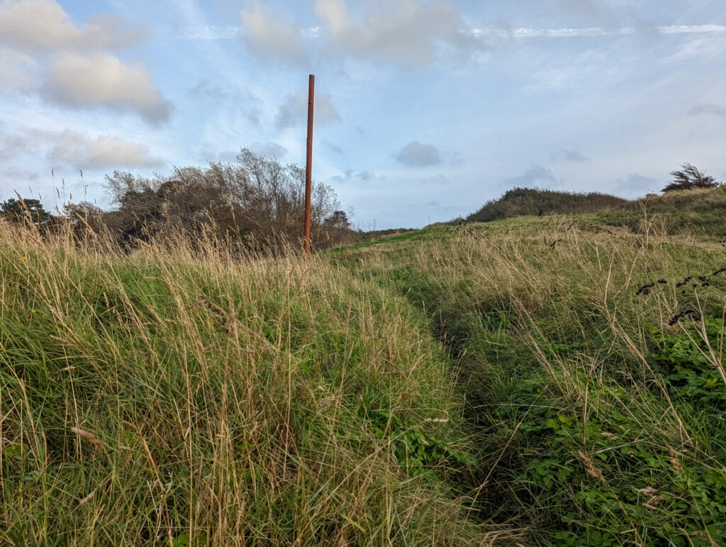 The rusty pole in Exmouth with grass in the foreground