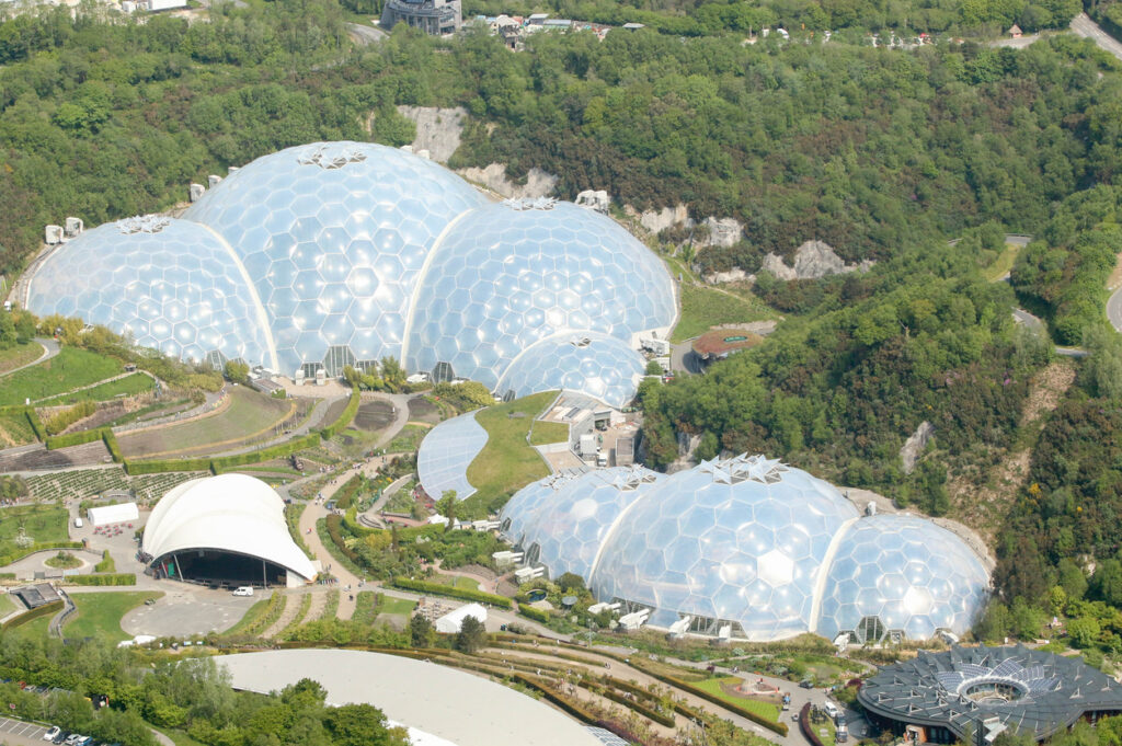 Cornwall, United Kingdom - May 18, 2018: Eden Project, aerial view