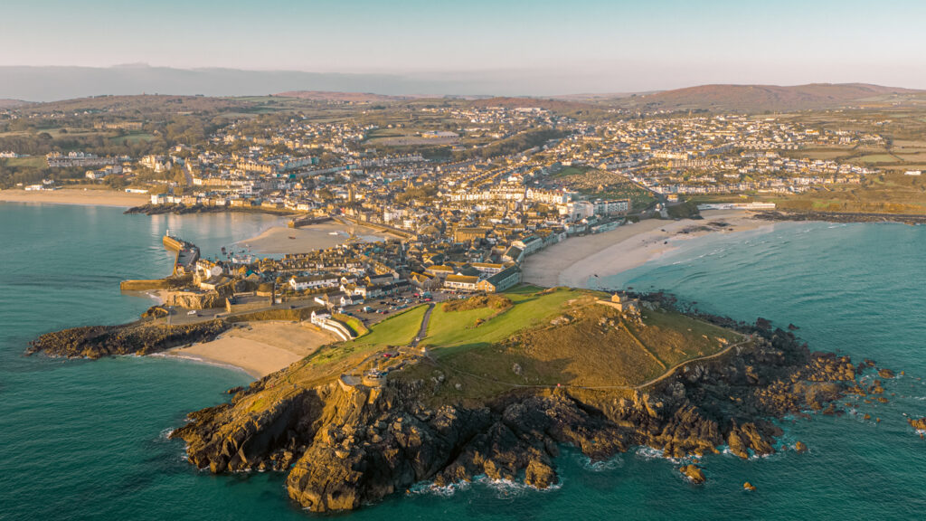 St Ives and Carbis Bay aerial photography. This photograph was taken at sunrise.