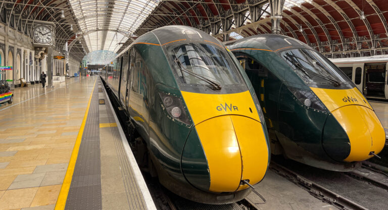 London, England - June 2022: Front of two Class 800 inter city high speed trains at Paddington railway station