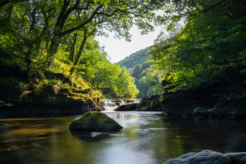 A view of the East Lyn River and Watersmeet in Lynmouth in North Devon in England