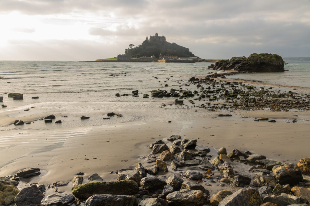 View from Marazion Beach of St Michaels Mount at high tide. Cornwall, England, United Kingdom