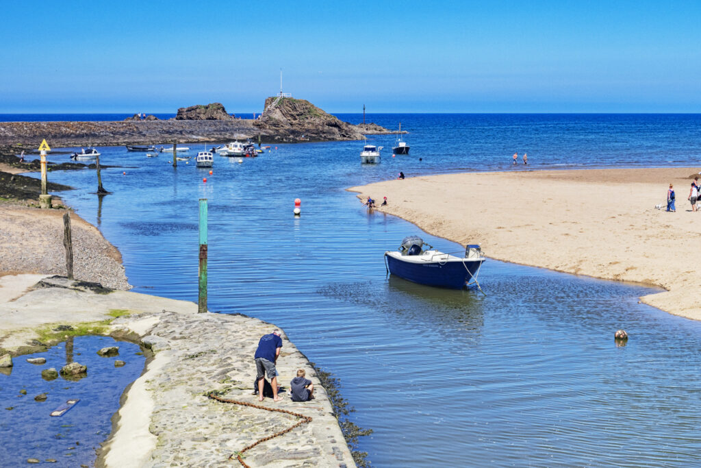 7 July 2018: Bude, Cornwall, UK - The canal at high tide, as holidaymakers enjoy the continuing warm weather.