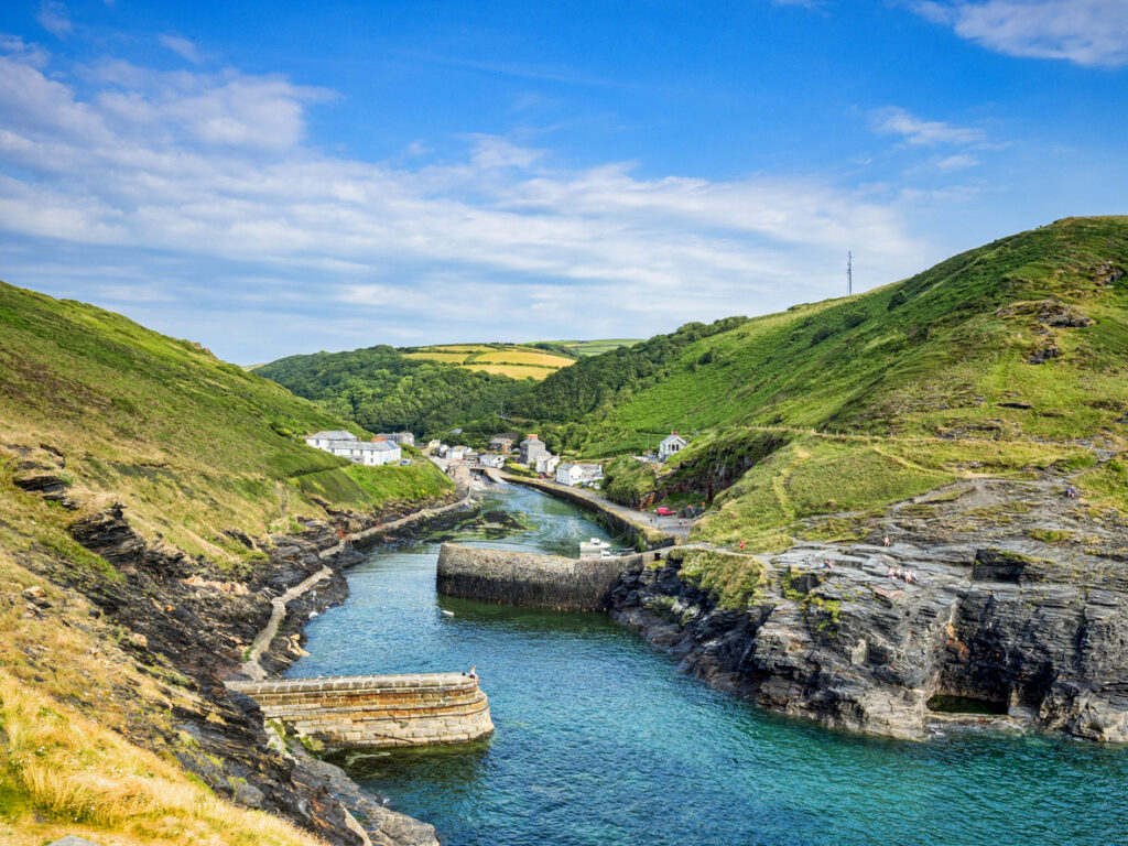 2 July 2018: Boscastle, Cornwall, UK - The harbour of the fishing village of Boscastle on a summer evening.