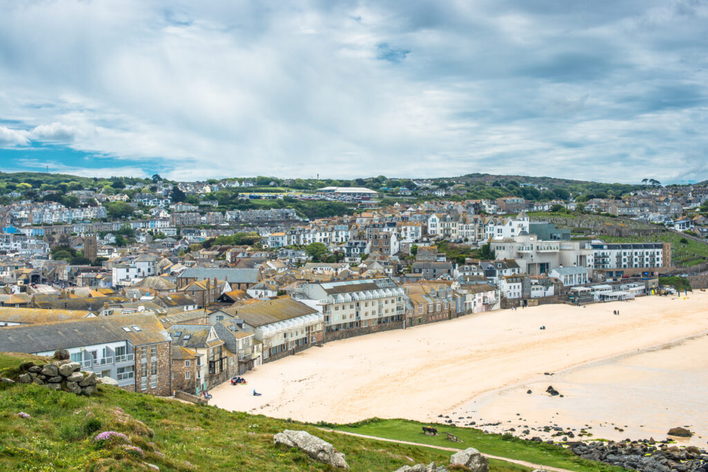 View over Porthmeor Beach in St Ives, Cornwall , England, UK