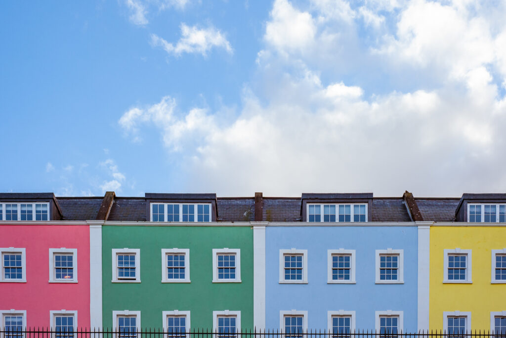 Terraced multi-coloured houses in Bristol UK.