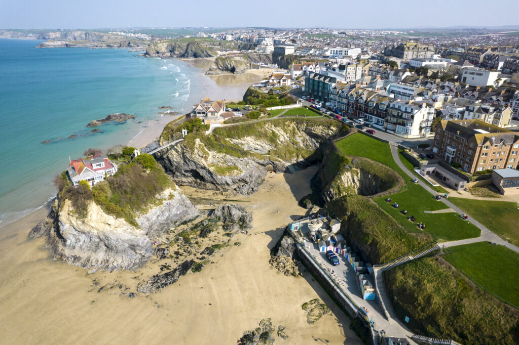 The aerial view of Newquay beach, Cornwall, England, UK.