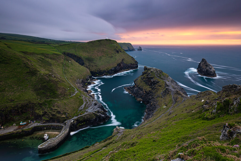 Boscastle harbour at sunset, Padstow, Cornwall, United Kingdom