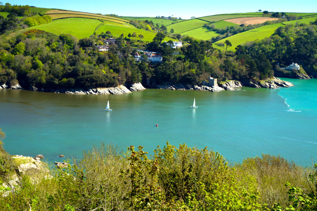 The beautiful English coastline in the county of Devon viewed from the famous South West coast path near Dartmouth.