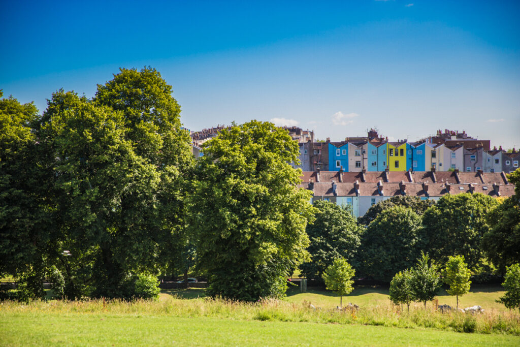A view of the multicoloured houses in Totterdown from Victoria Park, Bristol