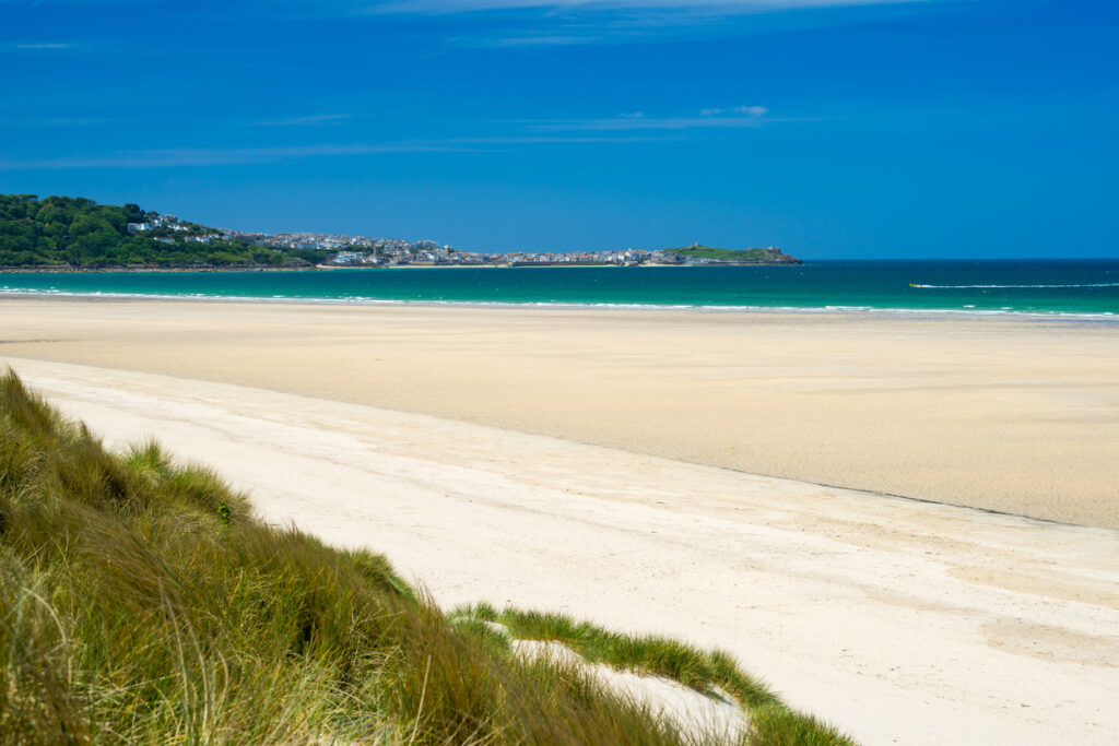 View from the dunes at Porthkidney Sands Beach near Lelant and St Ives Cornwall England UK Europe