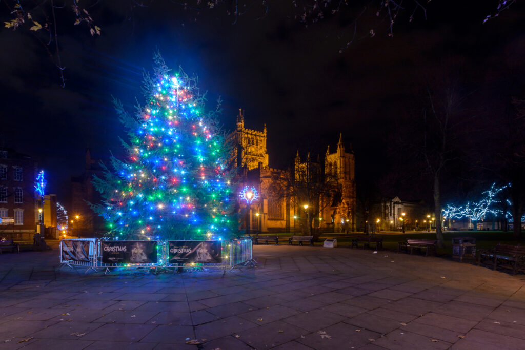 Bristol: Christmas Tree and Lights in front of Bristol Cathedral A, Long Exposure Night Photography