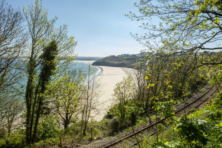 View overlooking Carbis bay in Cornwall and the railway line from the St Ives Bay Line.