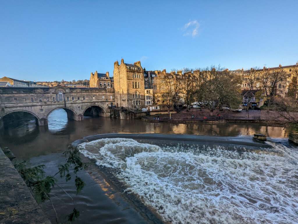 Pulteney Bridge which spans the River Avon, it's the only covered bridge in the UK. The weir is underneath. 