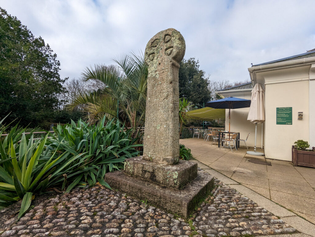 Cornish cross outside of the Penlee House Gallery and Museum in Penzance in Cornwall