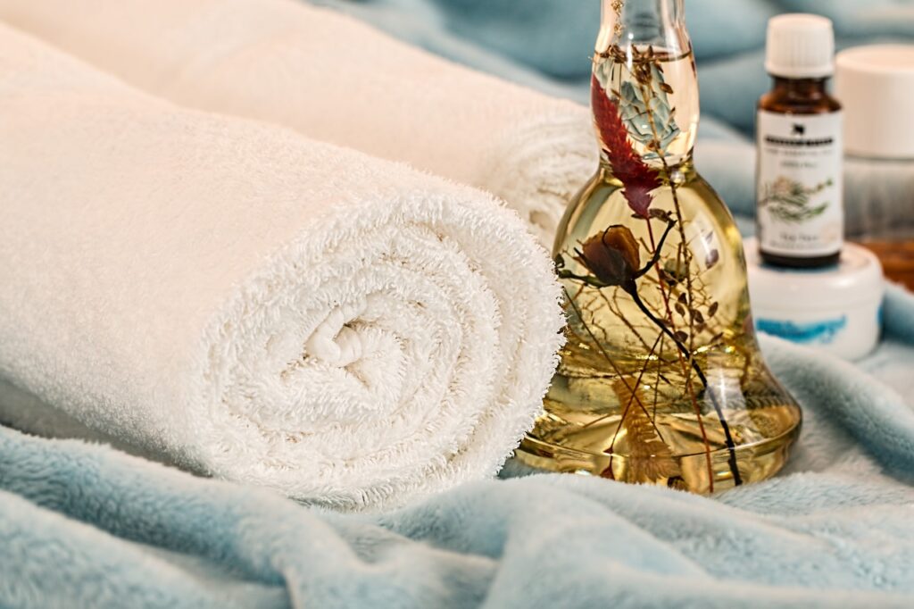 Towel and body oil at a spa