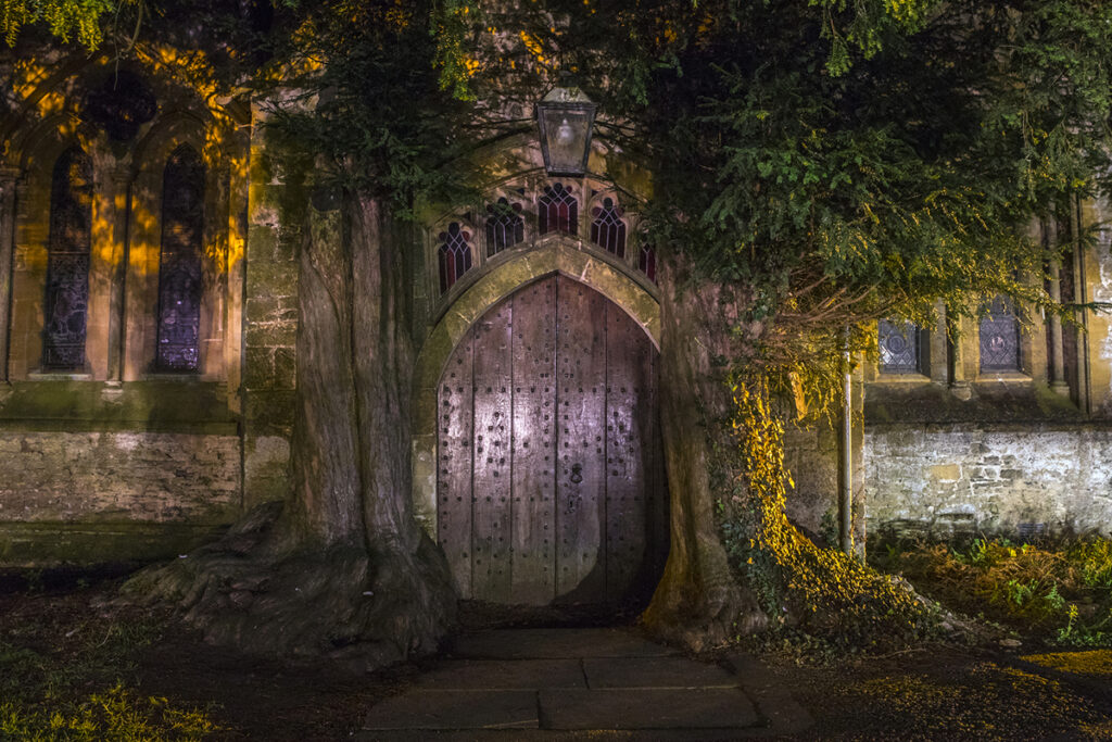 An evening view of Yew trees growing around the north door of St. Edwards Church in the market town of Stow-on-the-Wold, Gloucestershire, UK.