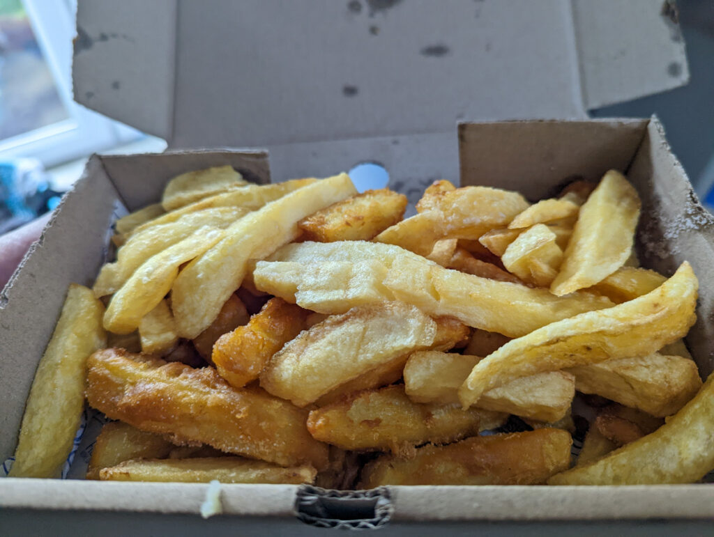 Chips (serve with lashings of vinegar!) from Krispies in Exmouth