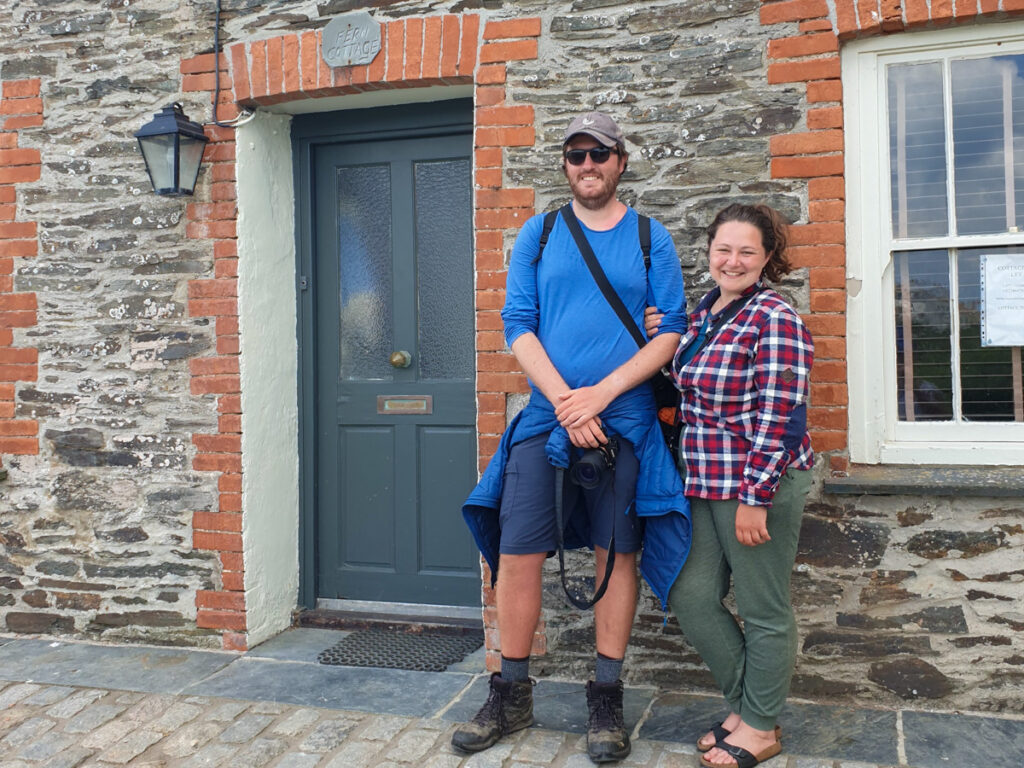 Fern Cottage in Port Isaac, me and Rich standing outside. 